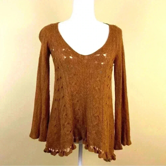 Free People Waterfall Boho Sweater Honey Alpaca Blend V-Neck Sweater Size S - Picture 7 of 16